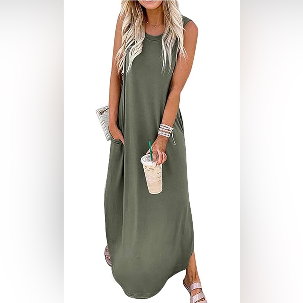Maxi Dress Casual Sundress Sleeveless Hawaiian Beach Maxi Dress w/Pockets